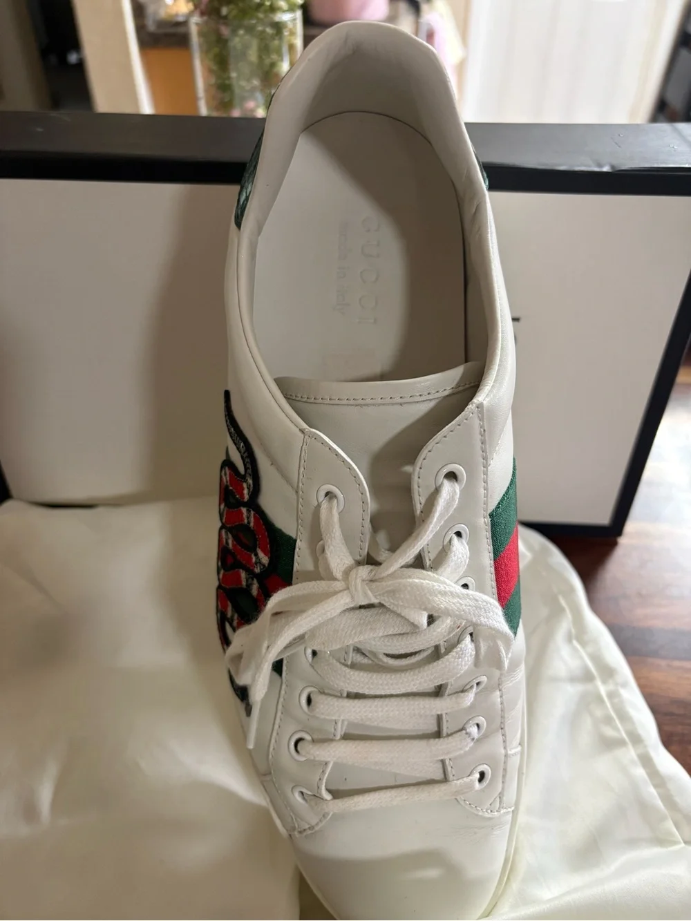 Gucci White Leather Sneakers with Red Snake Embroidery